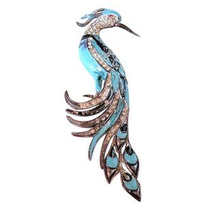 1940s Blue Peacock Brooch Figural Bird Pin Rhinestone Enamel Metal Boucher Look